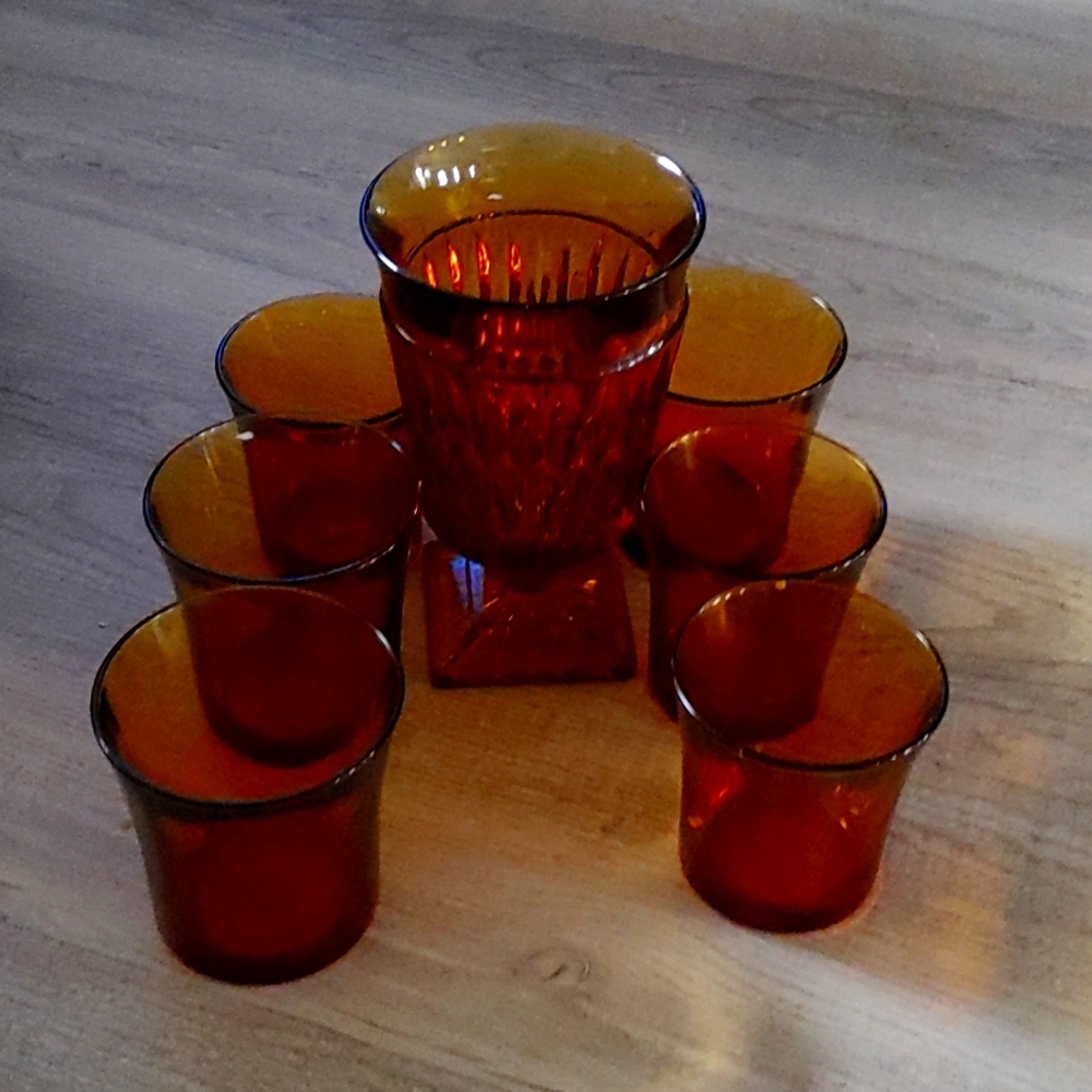 Indiana Glass Colony Park Lane Amber Wine Water Goblet Footed with 6 cups